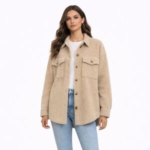 Good American Oversized Tan Sherpa Shirt Jacket Shacket Size S/M